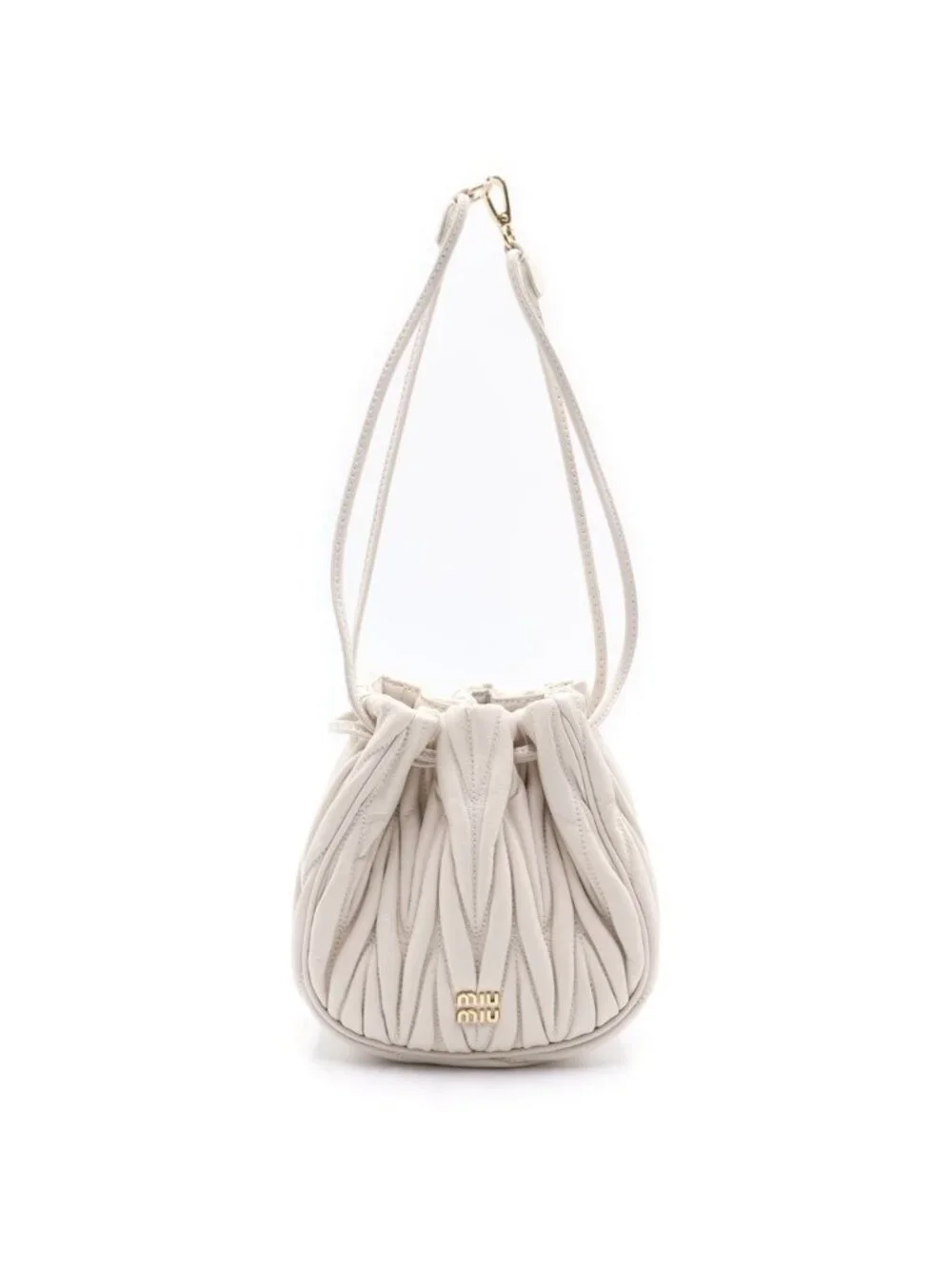 Miu Miu Matelasse Drawstring Pouch Mini Handbag White Leather Gold
